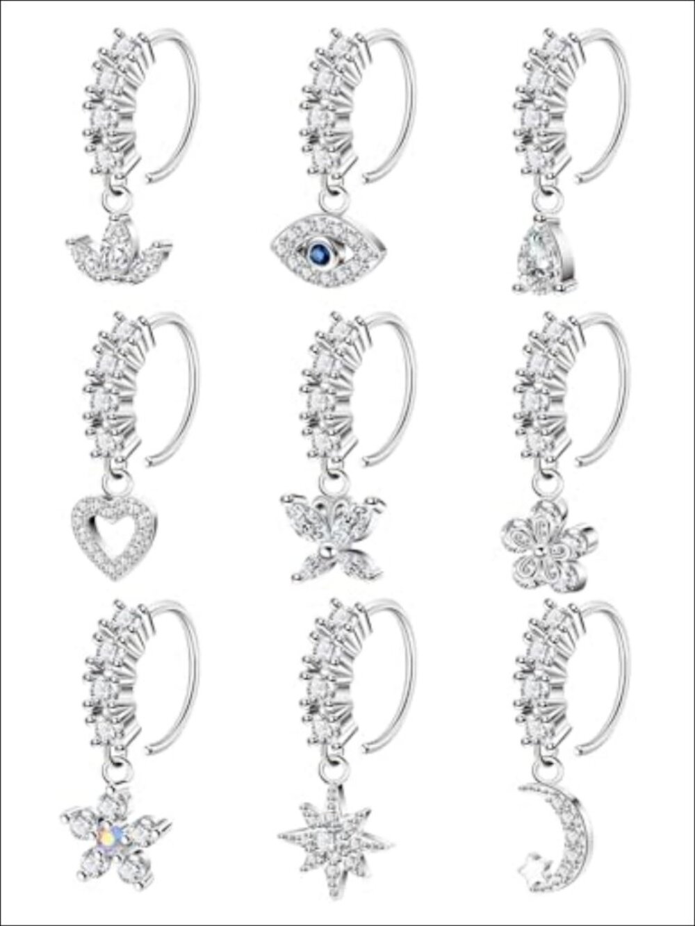 9Pc 20G 316L Stainless Steel Dangle Nose Ring Set CZ Women Body Jewelry